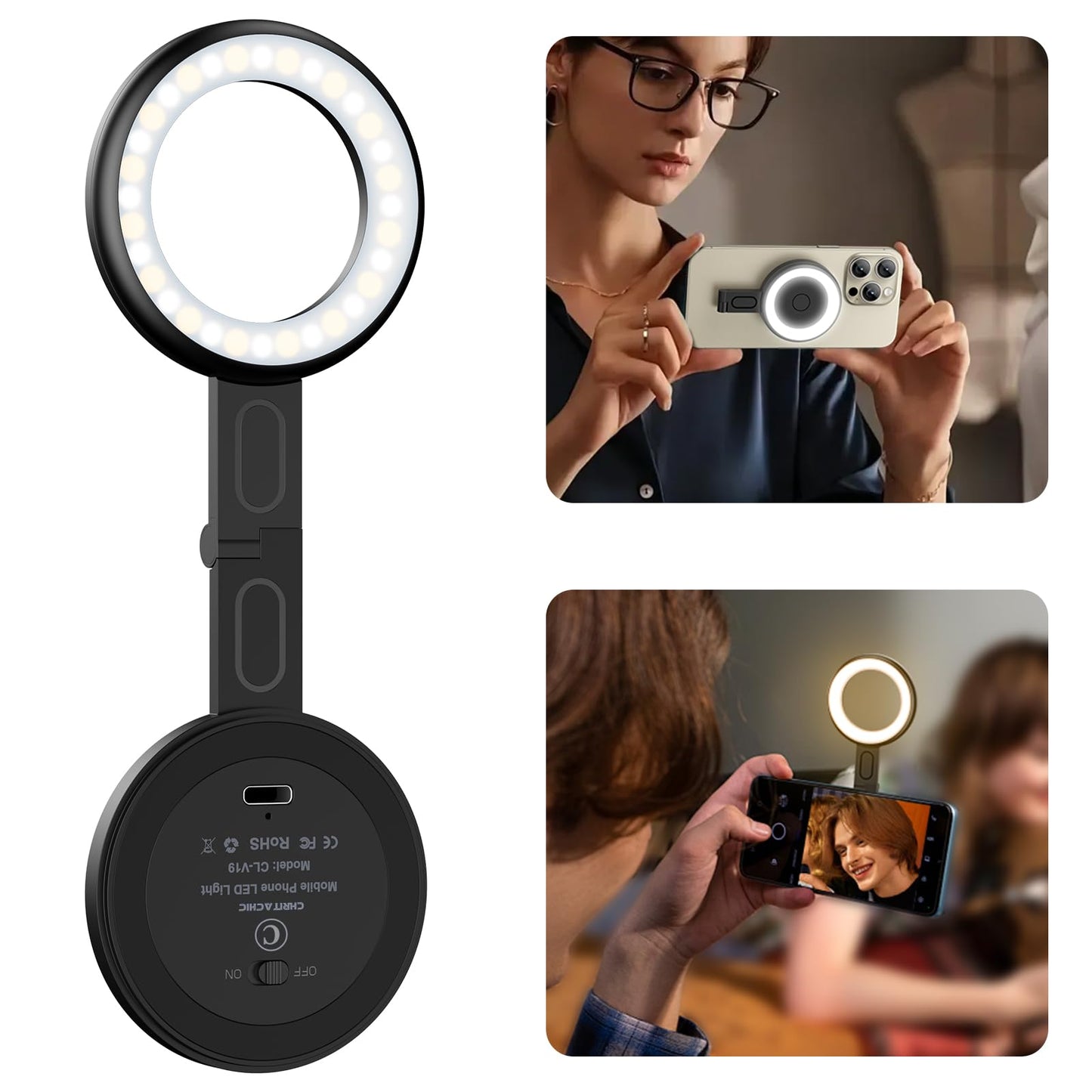 Luz LED Magnética para Selfies - Compatible con Magsafe Incluye Anillo Pegajoso y 6 Modos de Iluminación(Negro)